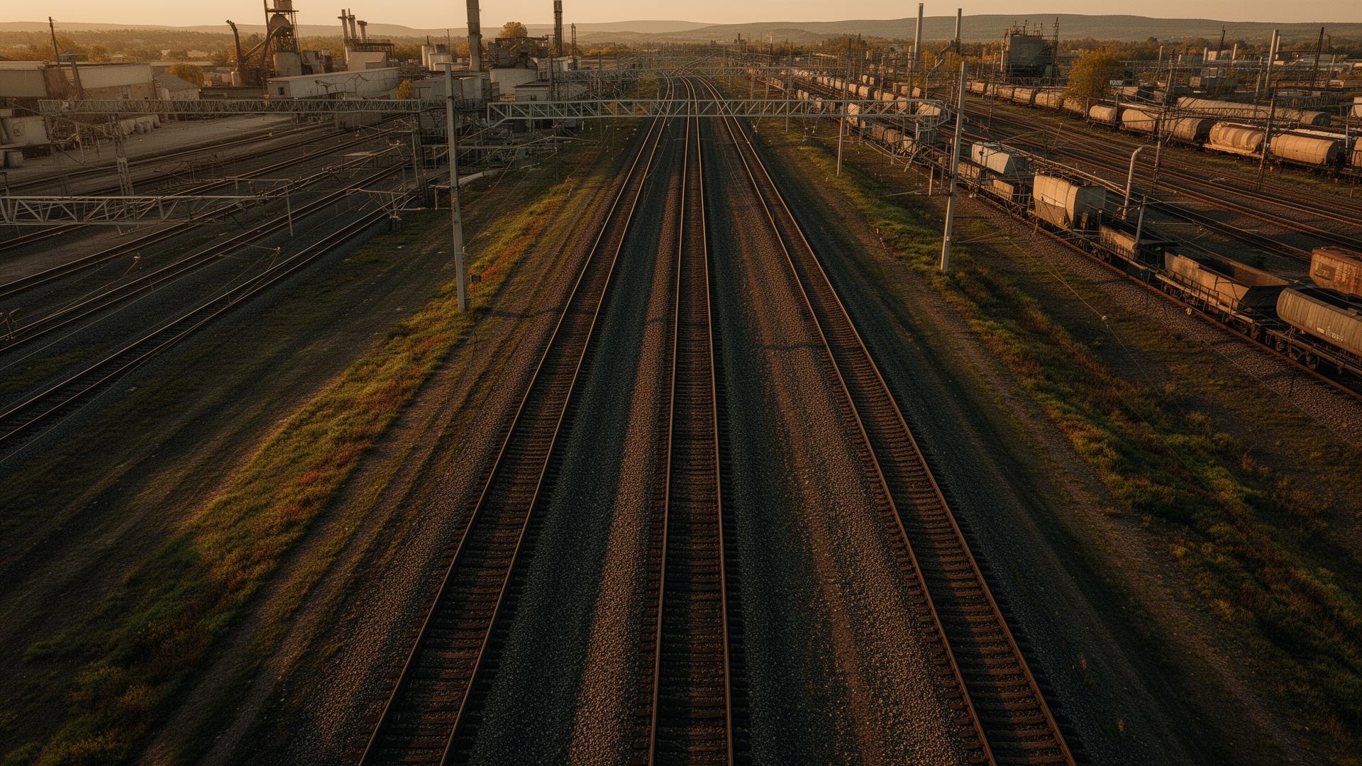 Two sets of railroad tracks merging into one mainline at golden hour