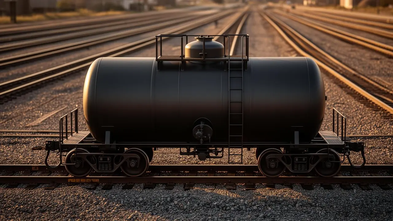 Rail yard with railcars on storage tracks at dusk