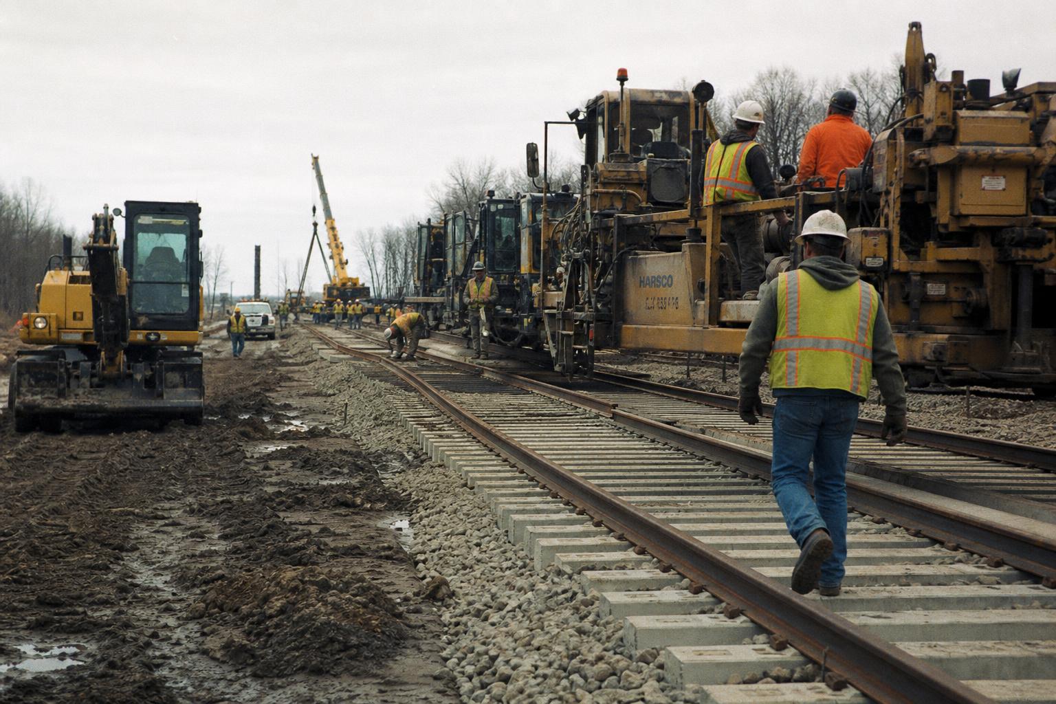 Newly laid railroad track and switches at an expanding industrial terminal