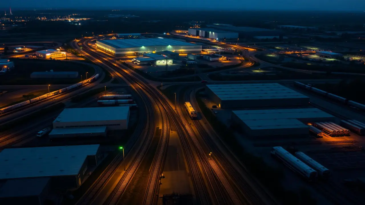 Aerial view of a rail-served industrial site at dusk with rail spurs serving warehouses and loading docks