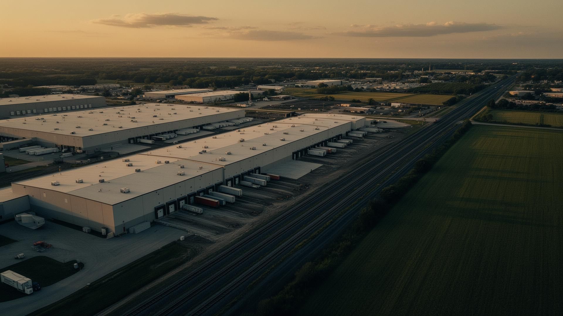 Active rail yard with industrial warehouses in the background