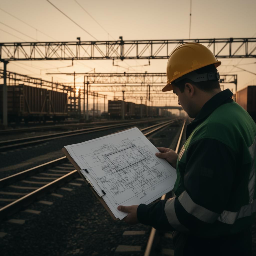 Engineer reviewing a terminal site layout drawing at a rail yard