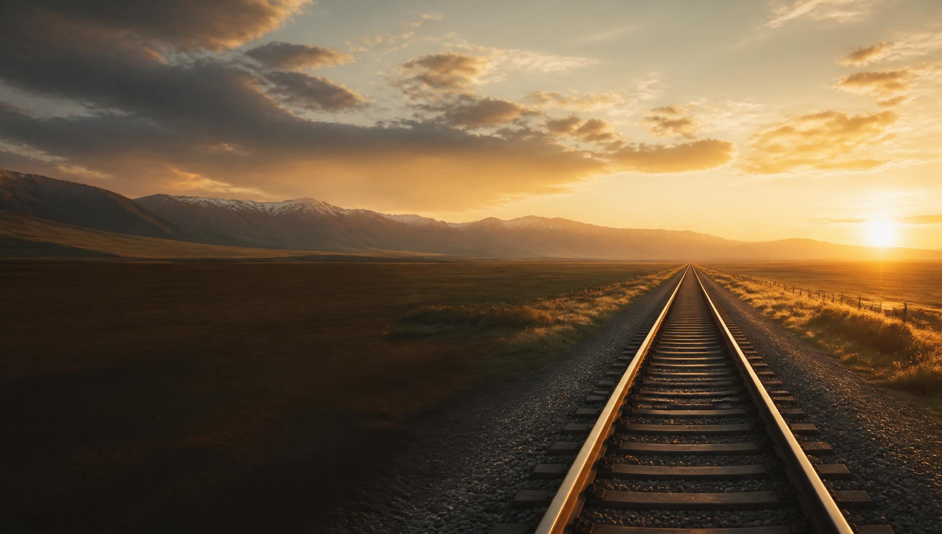 A single mainline railroad track stretching toward the horizon at golden hour