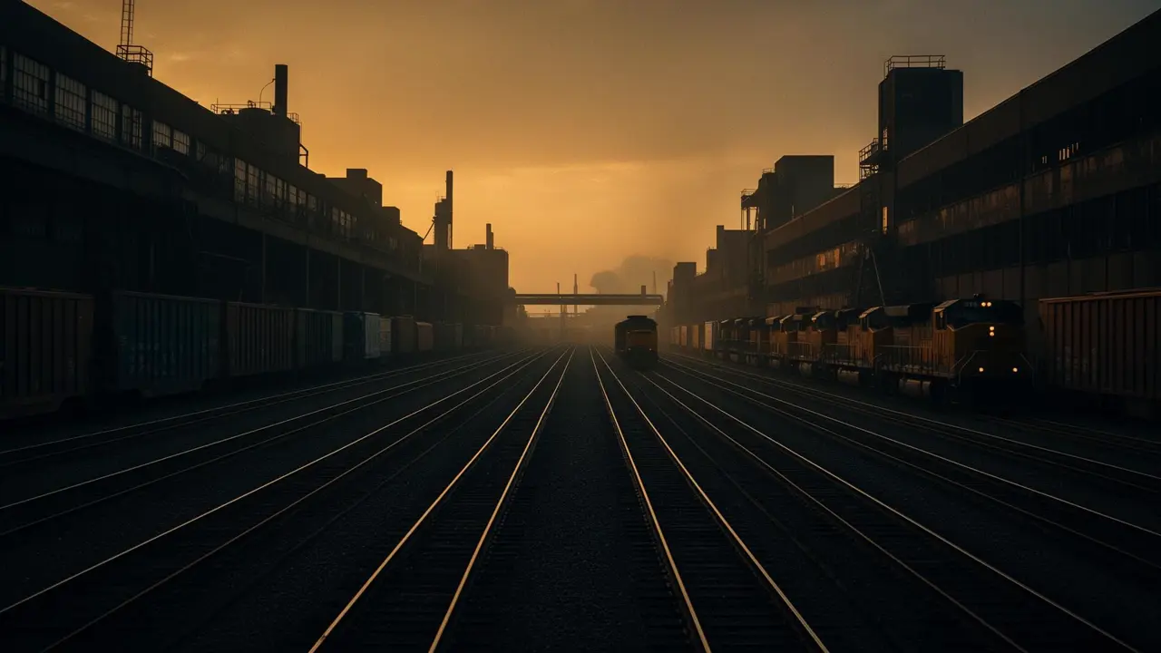 Transformed rail yard meeting industry at dusk