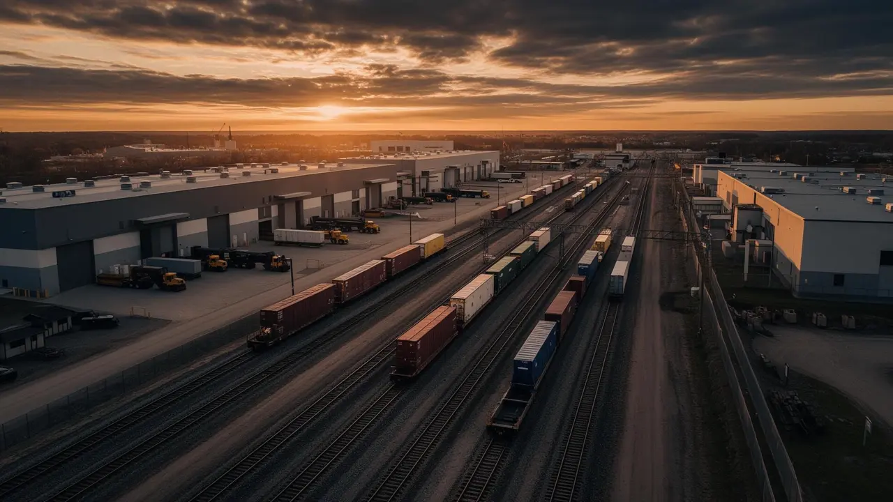 Revitalized rail-served industrial terminal at dusk