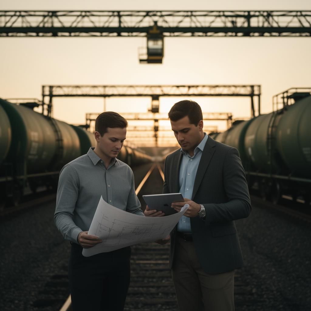 Operators reviewing plans on a rail terminal platform at golden hour