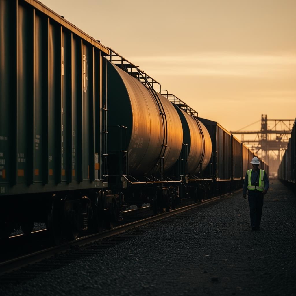Inspector walking a line of freight railcars at an industrial terminal