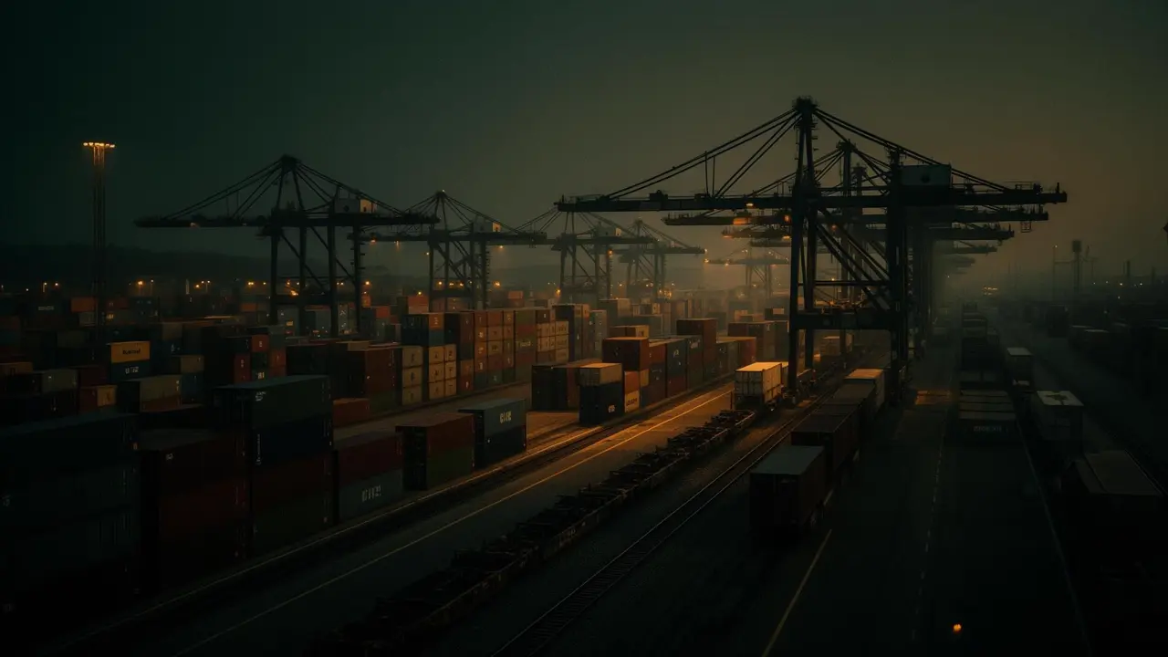 Intermodal freight terminal with gantry cranes at dusk