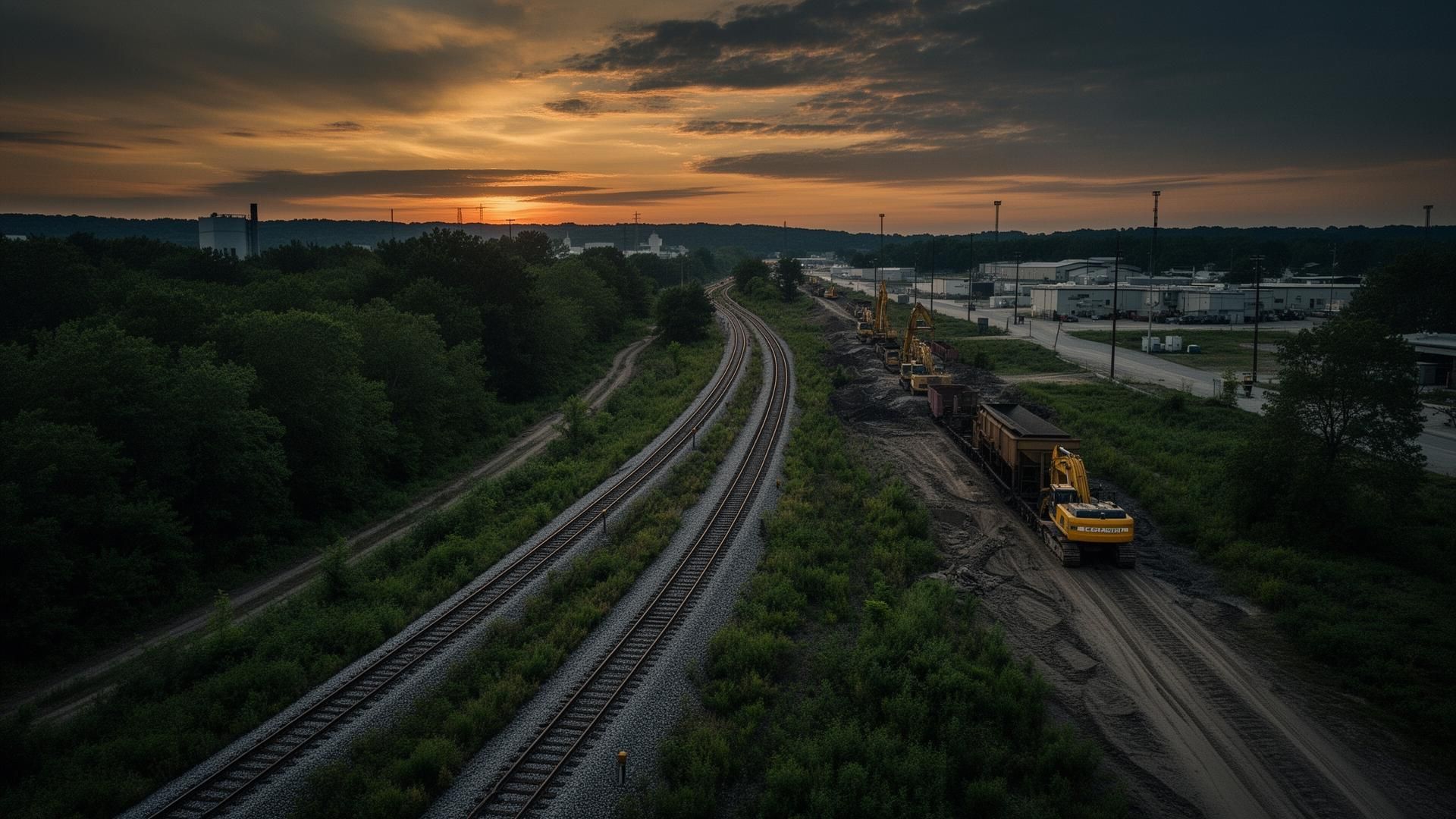 Railcar storage yard with lines of freight cars