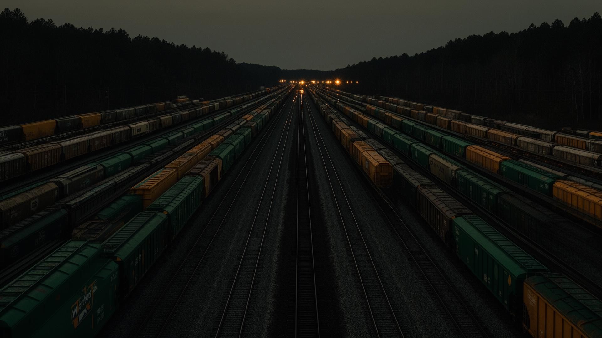 Long lines of freight railcars stored on parallel sidings at dusk