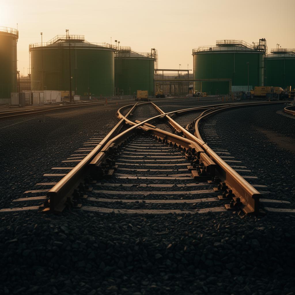 Newly laid railroad track and switches at an expanding industrial terminal