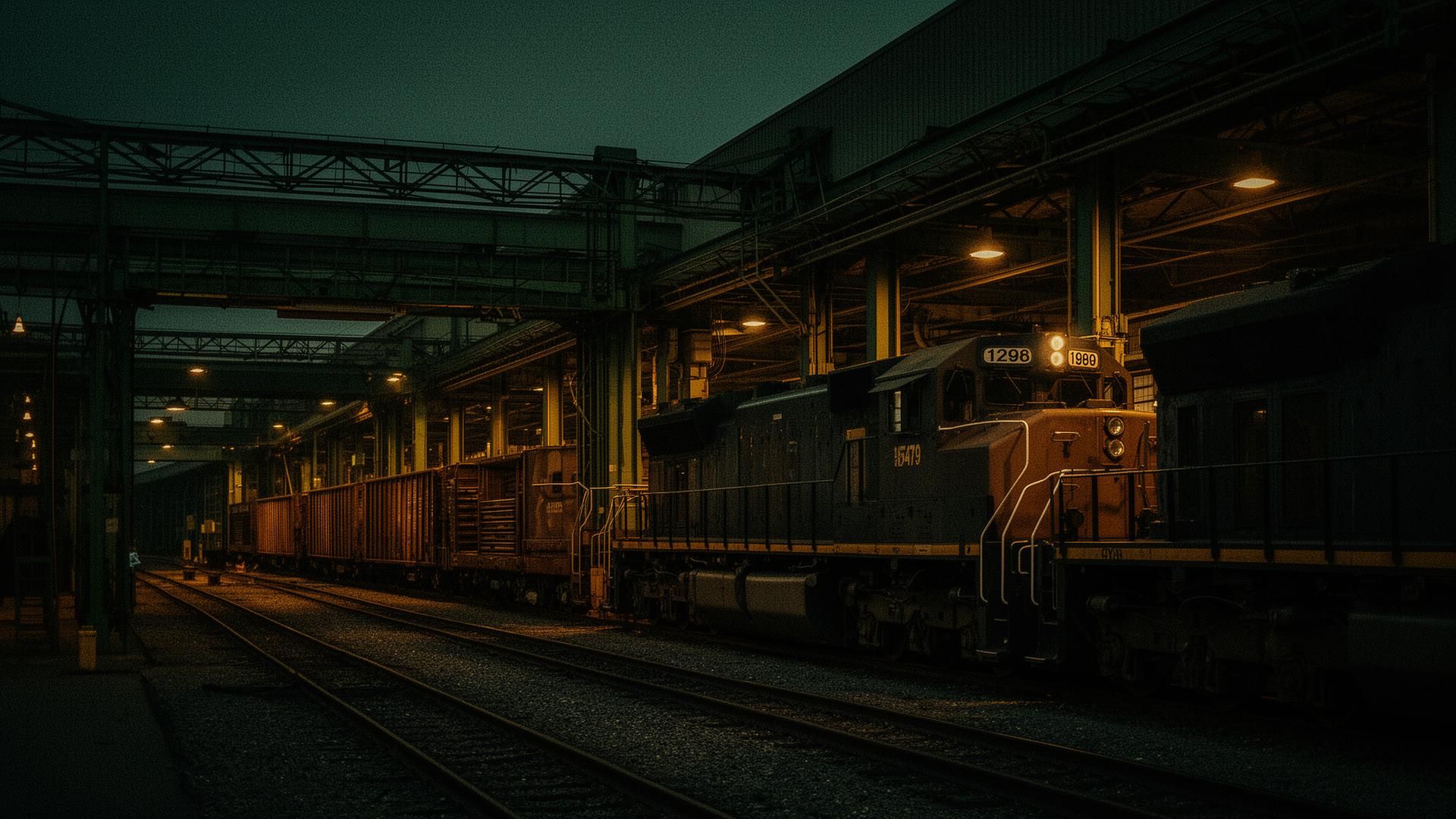 Rail operations facility at dusk