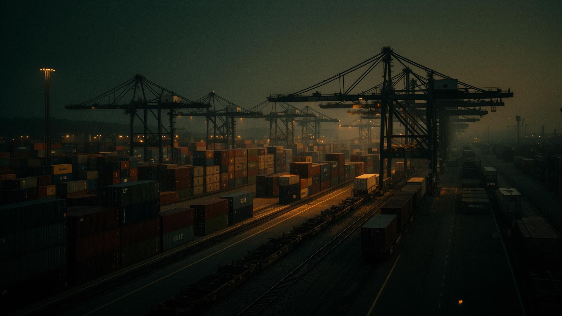 Intermodal freight terminal with gantry cranes at dusk