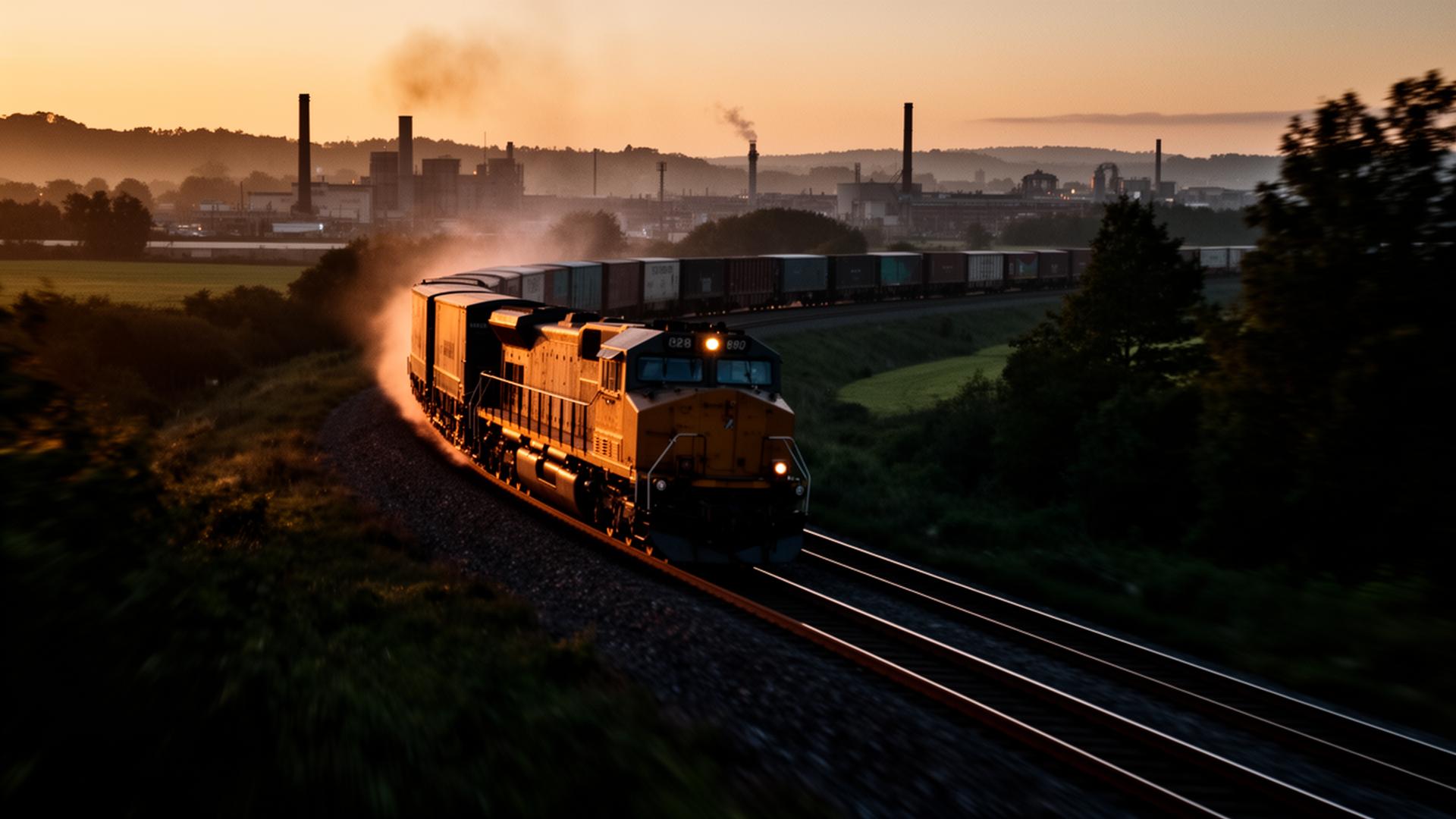 Freight train in motion through industrial countryside at dusk