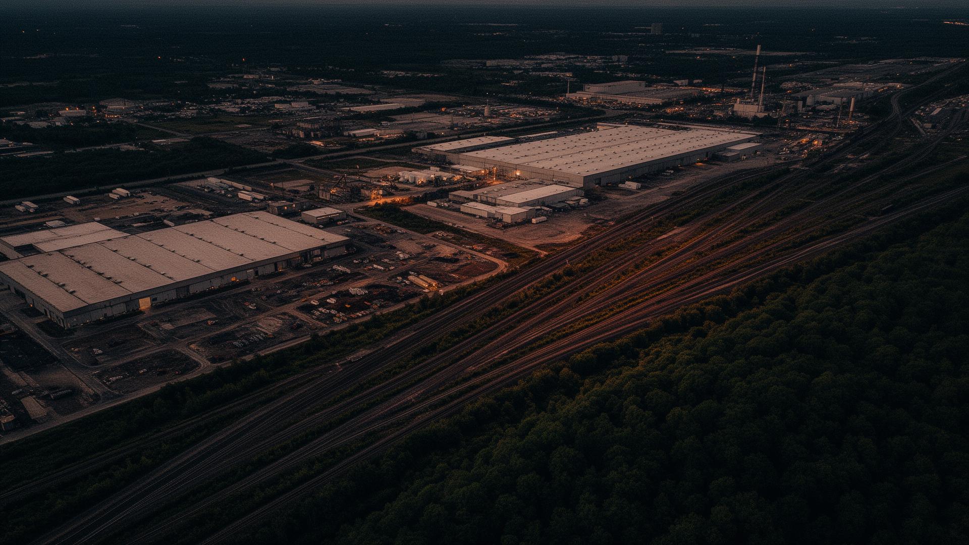 Aerial view of a rail-served industrial development at dusk