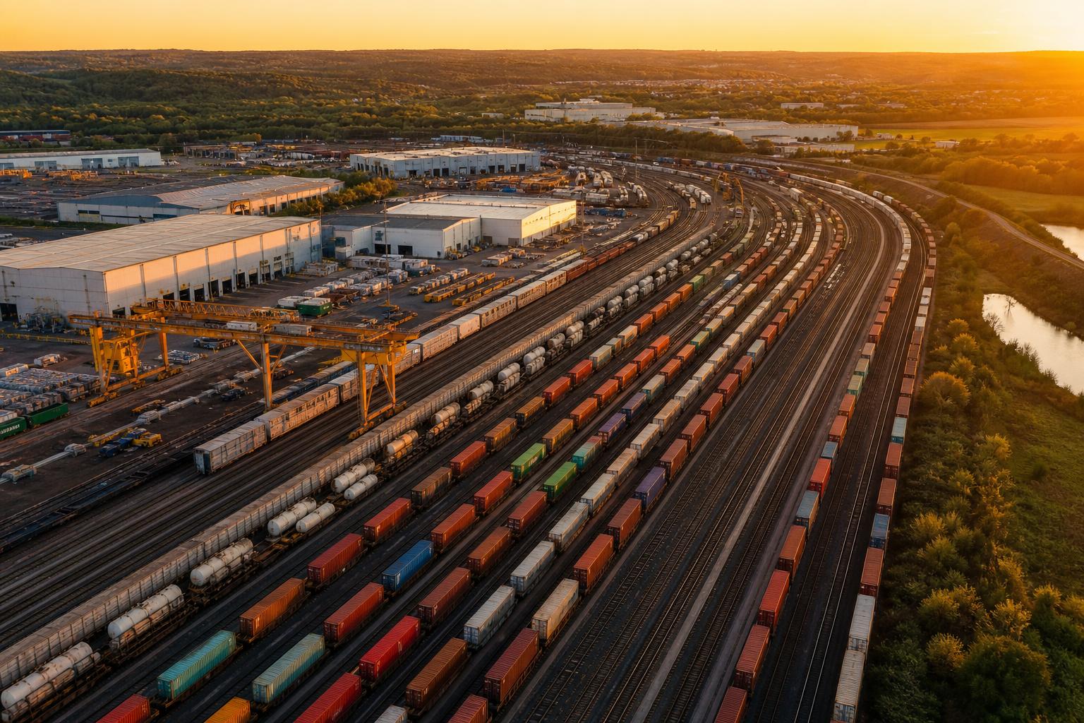 Rail yard at dusk