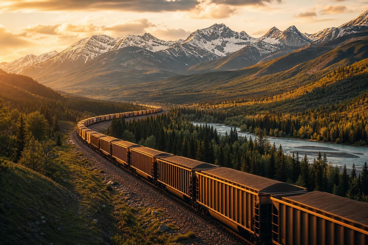 Freight train crossing a mountain valley, illustrating the resilience of regional rail networks
